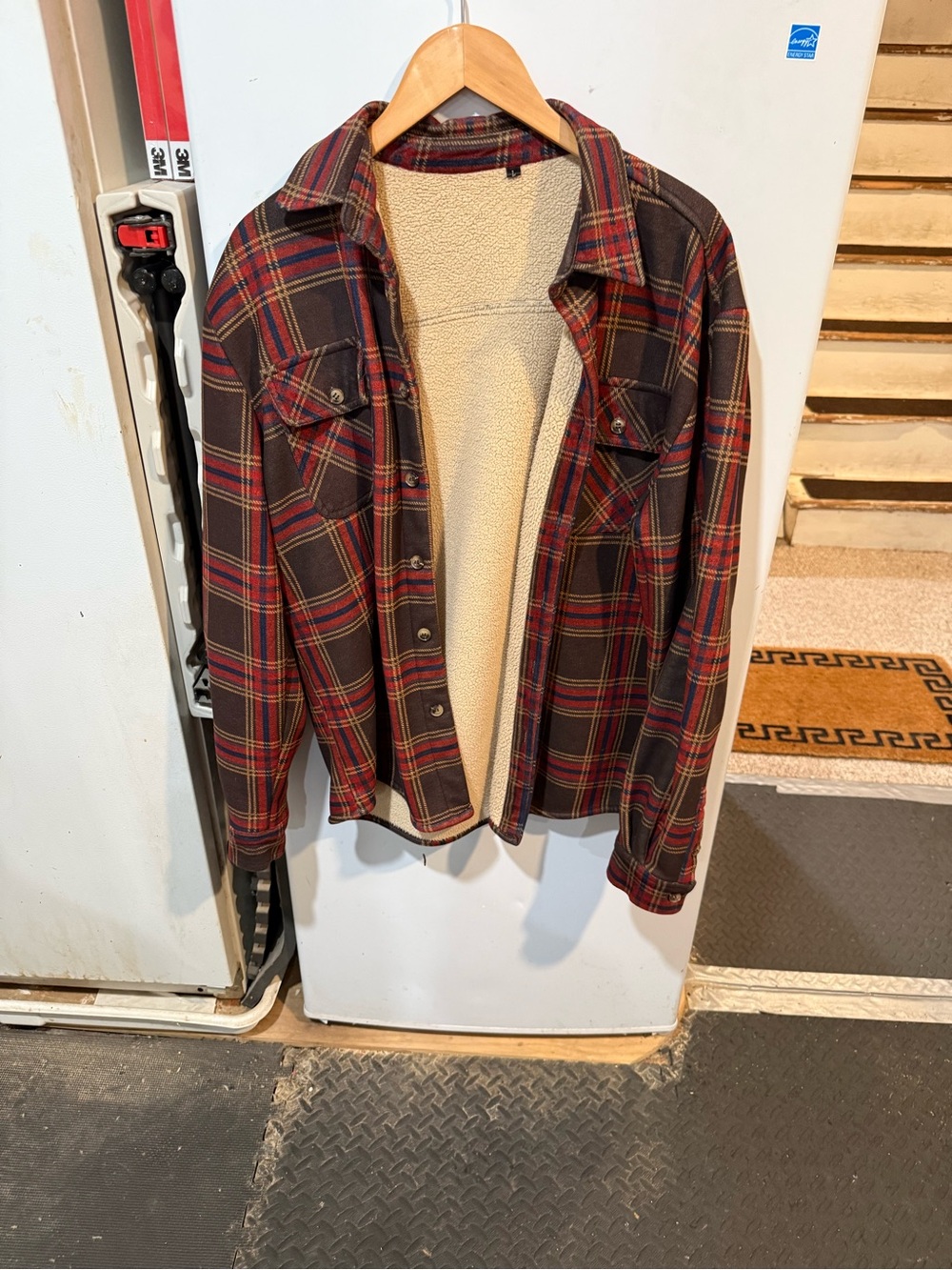 Men's Sherpa-Lined Plaid Jacket Shirt - Red/Brown